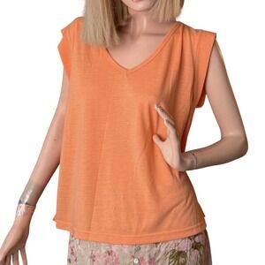 Vero Par Veronique Cloutier Orange Linen Blend V-Neck Muscle Tee Tank Top Petite
